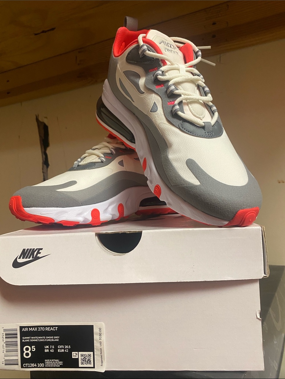 Nike Men's Air Max 270 React Sneakers - White/Gray/Red-Orange
